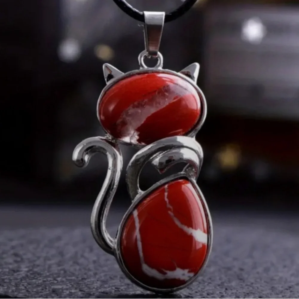 08 🖤 Red Jasper Cat Natural Gemstone Crystal Stone Necklace Pendant Jewelry - Picture 2 of 2